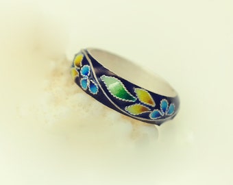 Flower fine silver ring, beautiful  prussian blue color, Korean Chilbo(cloisonné) finished.