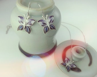 Purple Butterfly, Silver Jewelry set (Necklace and Earrings), Korean Chilbo(cloisonné) finished.