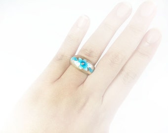 Blue flower, Fine silver Ring, Korean Chilbo(cloisonné) finished.