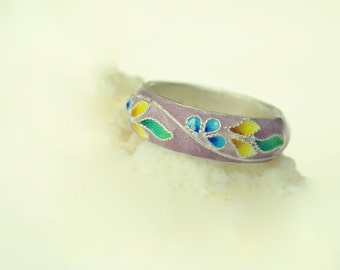 Flower fine silver ring, beautiful violet color, Korean Chilbo(cloisonné) finished.