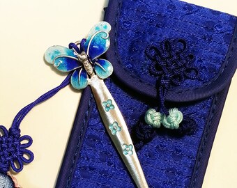 Fine silver, Ear swab(ear pick, cleaner), Butterfly, Handmade, Korean Chilbo(cloisonné) finished.