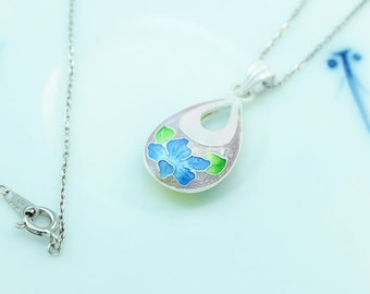 Water drop shape, Silver Necklace, Korean Chilbo(cloisonné) finished.