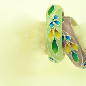 Flower fine silver Pair of rings, beautiful gold green & prussian blue color, Korean Chilbocloisonné finished. image 2