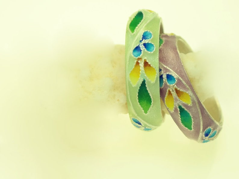 Flower fine silver Pair of rings, beautiful gold green & prussian blue color, Korean Chilbocloisonné finished. image 2