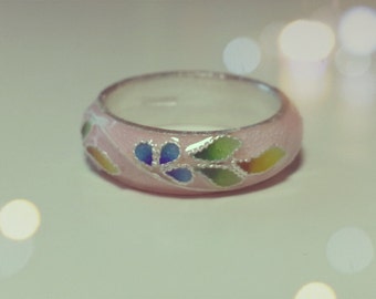 Flower fine silver ring, beautiful cherry blossom pink, Korean Chilbo(cloisonné) finished.