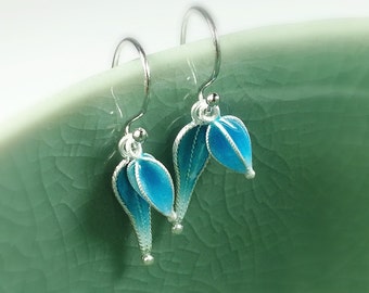 Blue Leaf, Silver Earrings, Korean Chilbo(cloisonné) finished.