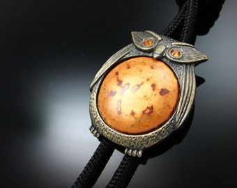 Handmade Beautiful Bolo tie, Korean Chilbo(cloisonné) finished. - owl, burn, gold