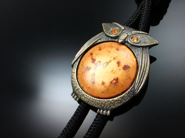 Handmade Beautiful Bolo tie, Korean Chilbo(cloisonné) finished. - owl, burn, gold