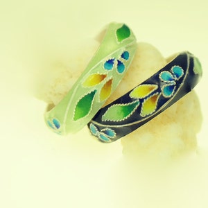 Flower fine silver Pair of rings, beautiful gold green & prussian blue color, Korean Chilbocloisonné finished. image 1