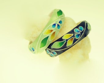 Flower fine silver Pair of  rings, beautiful gold green & prussian blue color, Korean Chilbo(cloisonné) finished.