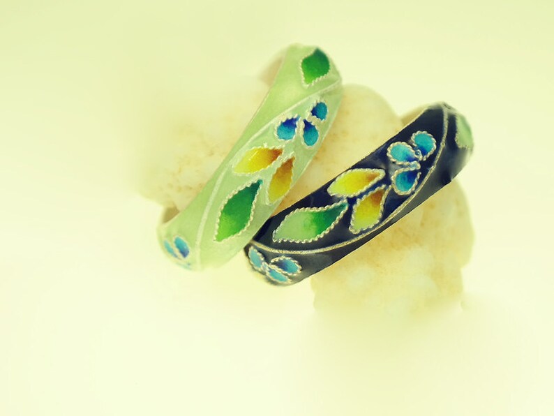 Flower fine silver Pair of rings, beautiful gold green & prussian blue color, Korean Chilbocloisonné finished. image 1