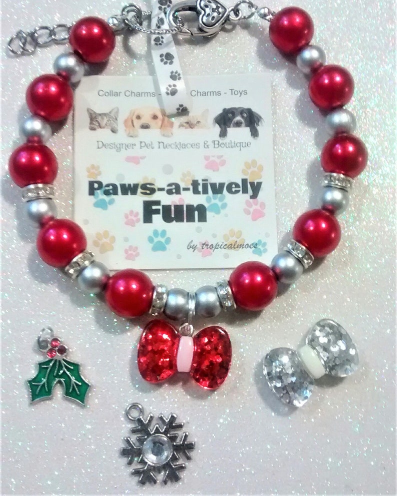 Red /& Silver Pearl DogCat Collar Necklace Christmas Bow DogCat Collar Necklace Pet Christmas Pearl Collar Christmas Color Pet Collar