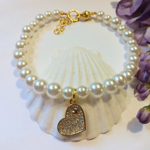 Pearl Pet Necklace with Charm:  Dog Cat Elegant White Faux Pearl Jewelry