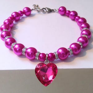 Collar para mascota con perla rosa de 12 mm: dije de corazón de diamantes de imitación, perlas princesa para perro y gato.