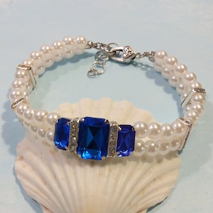 Sapphire Blue Rhinestone Pearl Pet Necklace: Bling Dog Cat Collar with Charm