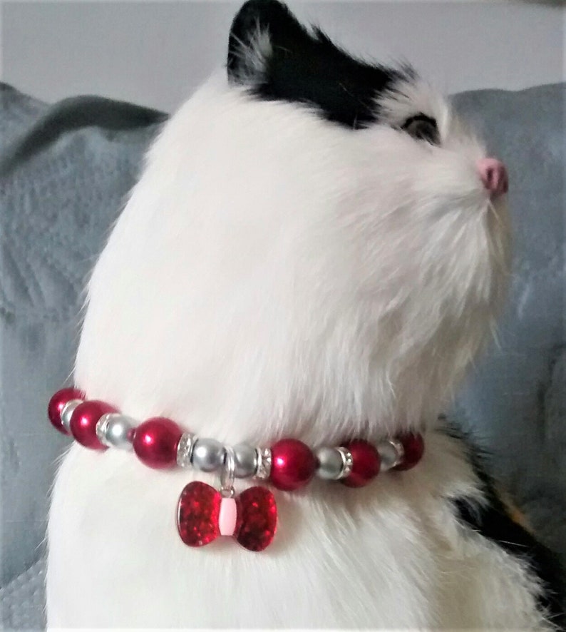 Red /& Silver Pearl DogCat Collar Necklace Christmas Bow DogCat Collar Necklace Pet Christmas Pearl Collar Christmas Color Pet Collar