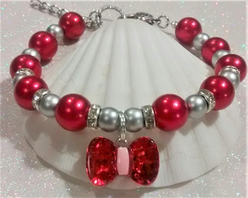 Red /& Silver Pearl DogCat Collar Necklace Christmas Bow DogCat Collar Necklace Pet Christmas Pearl Collar Christmas Color Pet Collar