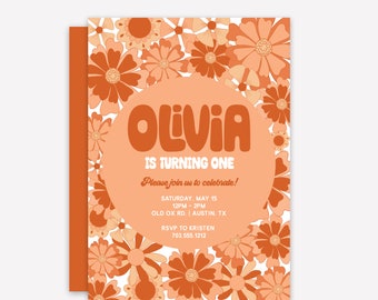 Retro Flower Invitation - Kids Party Invitation - Retro - Flower Power - 70's Inspired - Kids Invitations