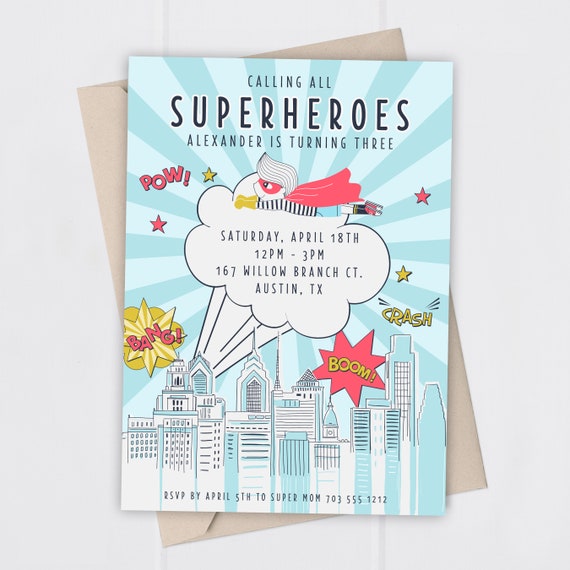 Comic Superhero Birthday Invitation | Printable File | Kids Birthday Invitation | Superhero Party Il_570xn