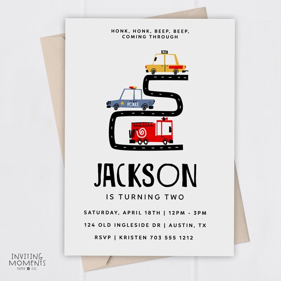 Transportation Invitation | Printable File | Kids Birthday Invitation | Cars | Fire Truck | Police Il_570xn