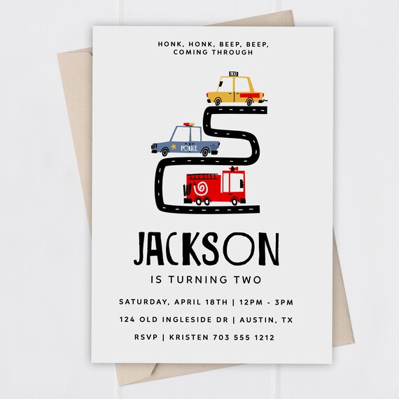 Transportation Invitation | Printable File | Kids Birthday Invitation | Cars | Fire Truck | Police Il_570xn
