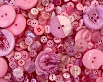 100g Pink Buttons, Many Shapes, Sizes, Colours, Styles and Designs in Every Pack