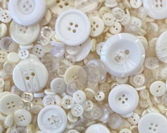 100g White Buttons, Many Shapes, Sizes, Colours, Styles and Designs in Every Pack