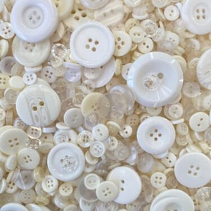 Mixed Buttons, Many Shapes, Sizes, Colours, Styles and Designs in Every Pack, 50g, 100g, 300g, 500g, 1kg White