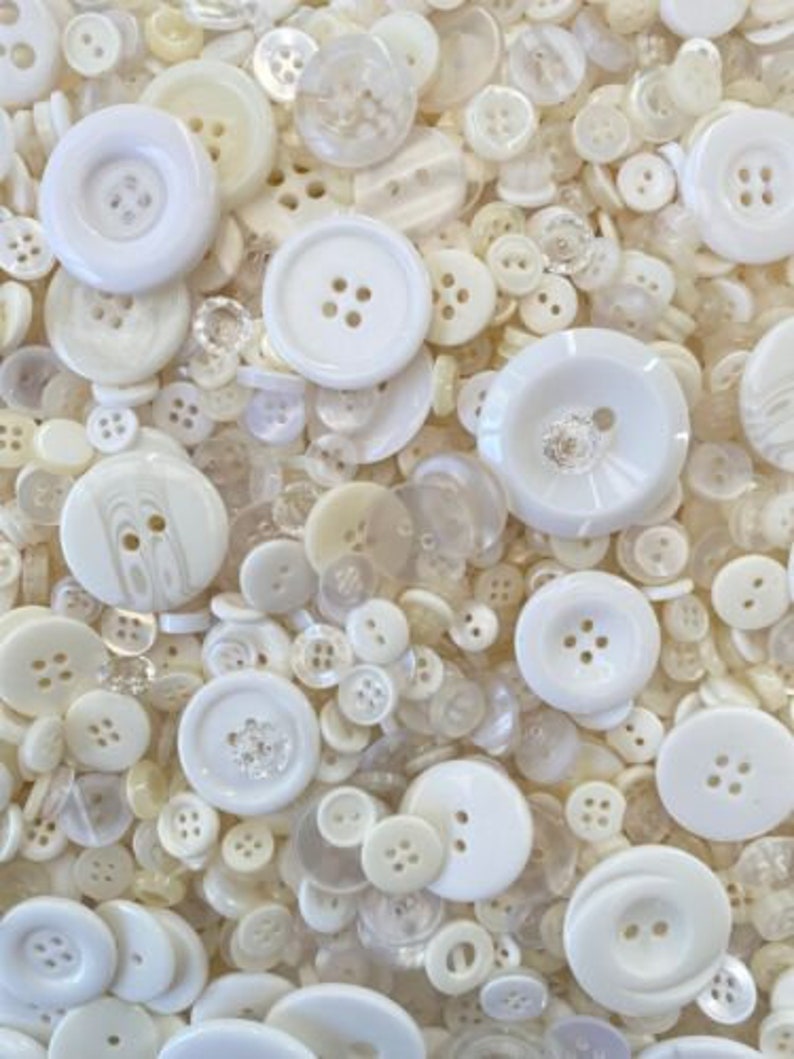 Mixed Buttons, Many Shapes, Sizes, Colours, Styles and Designs in Every Pack, 50g, 100g, 300g, 500g, 1kg White