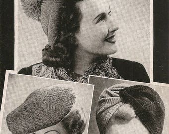 PDF Knitting Pattern Lady&#39;s Hats Vintage 1940&#39;s Tam Cap Turban Instant Download