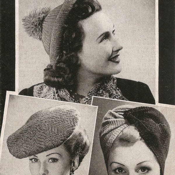PDF Knitting Pattern Lady's Hats Vintage 1940's Tam Cap Turban Instant Download