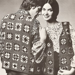 PDF Crochet Pattern, 1970's Retro Patchwork Waistcoats, Festival Style, 2 Sizes 36-40", His and Hers, Instant Download