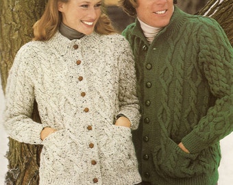 PDF Knitting Pattern, Aran Cardigans, Cable Knit, His and Hers,  34-41", Instant Download