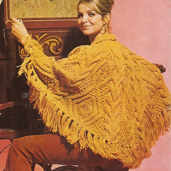 Lady's Aran Fringed Poncho, Cable Knit, Retro Knitting Pattern, PDF Instant Download