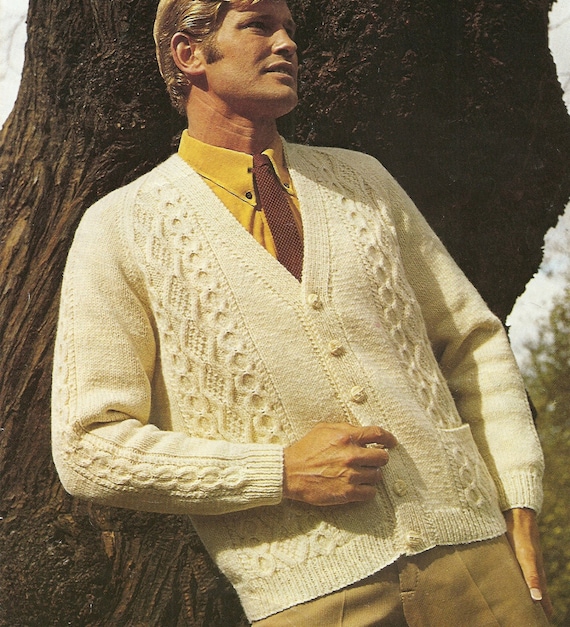 Men's v neck long sleeve classic cabled cardigan knitting pattern PDF