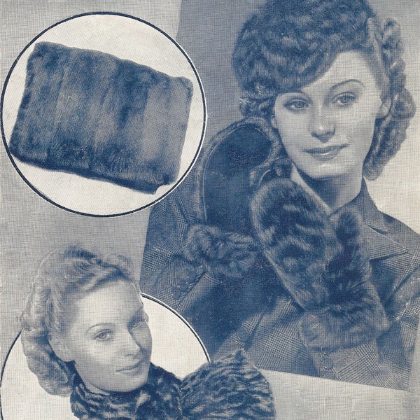 PDF Sewing Pattern, Fur Accessories, Hat Mitts Muff Necktie, Faux Fur, 1940s, Make Do And Mend,  PDF Instant Download