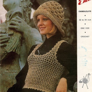 PDF Crochet Pattern, Tank Top and Hat, 32-40" or 81-86 cm, Retro 1970s, Festival Top, Candlelite Metallic Yarn or 3 Ply, Instant Download