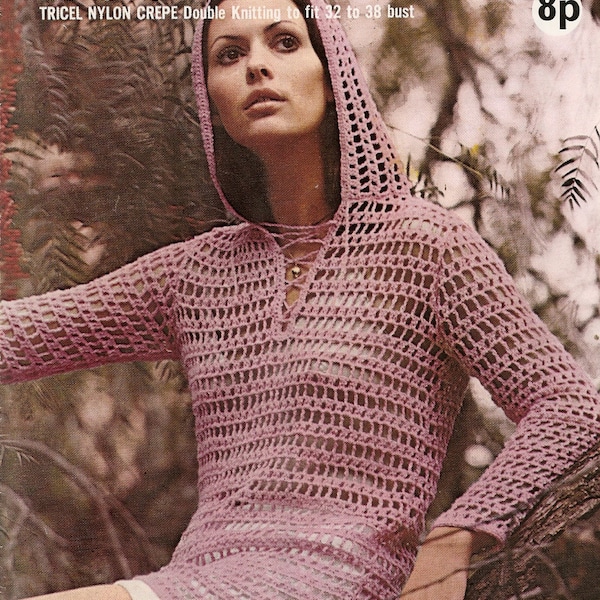 PDF Crochet Pattern, Lady's Hooded Tunic, Festival Style, DK, 4 Sizes 32-38", Instant Download