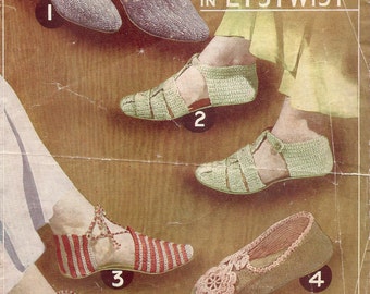 PDF Knitting and Crochet Pattern Lady&#39;s Slippers and Sandals Size UK 5 TWILLEYS Lystwist Vintage 1930&#39;s Instant Download