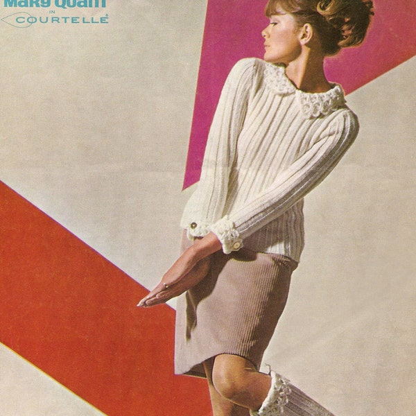 Vintage 1960's Knitting Pattern MARY QUANT Designer Sweater & Socks 34-48"  PDF Instant Download