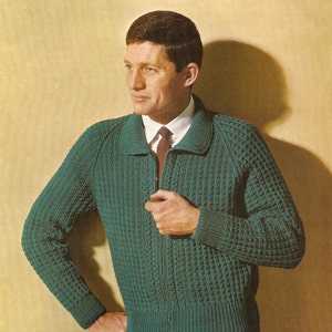 May include: A vintage knitting pattern booklet titled Patons Publications 9471, featuring a green zip-up cardigan with a textured knit pattern, a collar, and ribbed cuffs. The cover text specifies three sizes to fit a 38-42 inch chest.