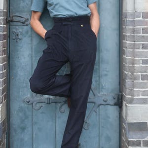Mens High Waist Pants 1940s Style – Navy Blue Corduroy Pleated Trousers