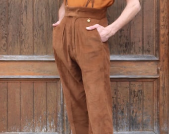 Pantalones de cintura alta para hombre: pana de inspiración vintage de los años 40, algodón marrón caramelo.