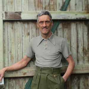 vintage style Olive Green Linen Polo - Vintage 1930s Retro Sport Shirt for Men