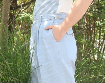 high waist trousers in powder blue linen with reverse pleats vintage style