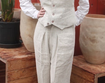 jaren 30 40 dames pantalon in naturel linnen, herenbroek voor dames met hoge taille en wijde fit
