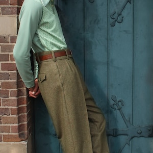 Vintage style high waist trousers size 32 and 38 green wool tweed 1930s 1940s mens pants