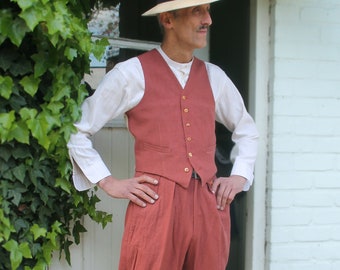 pantalon taille haute de style vintage en lin marron, pantalon des années 30 et 40 plissé sur le devant