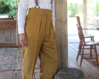 vintage style trousers sz 38 fishtail buckle back trousers in bronze linen-wool blend