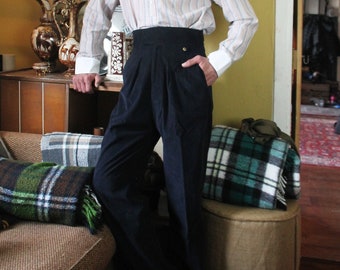 1930s 1940s mens vintage style rib cords high waisted trousers, navy blue corduroy pants with pleated front